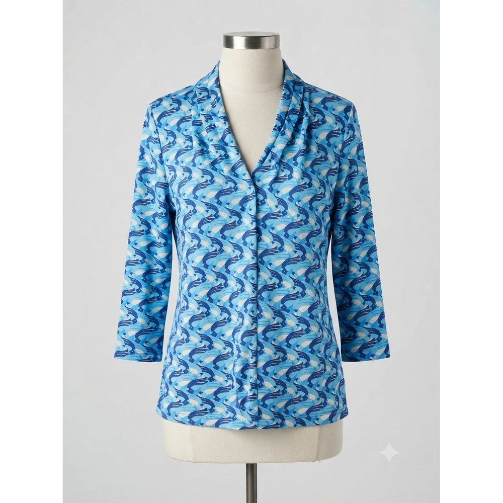 Charter Club Womens Blue Abstract Print V-Neck 3/4 Sleeve Knit Blouse Top Medium